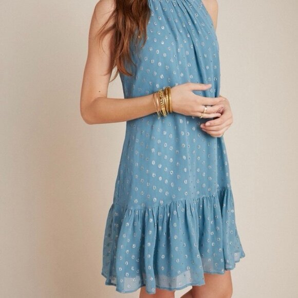 Anthropologie Natalie Flounced Tunic Dress Blue Polka Dot Sleeveless SMALL - Picture 1 of 15